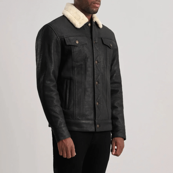 Dallis Black Leather Shearling Trucker Jacket with faux fur lining