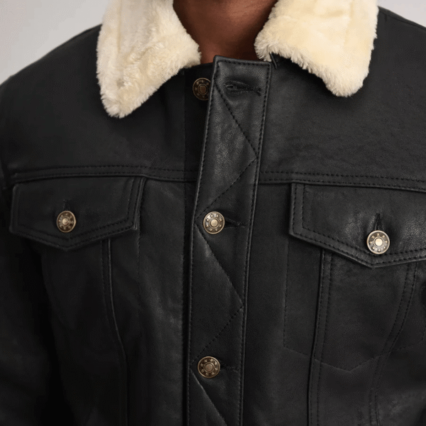 Dallis Black Leather Shearling Trucker Jacket - Image 3