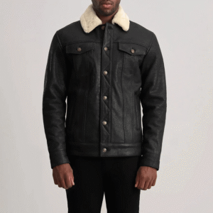 Dallis Black Leather Shearling Trucker Jacket with faux fur lining