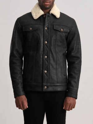 Dallis Black Leather Shearling Trucker Jacket with faux fur lining