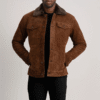 Dallis Brown Suede Shearling Trucker Jacket Dallis Brown Suede Shearling Trucker Jacket made from real goatskin leather with faux fur lining