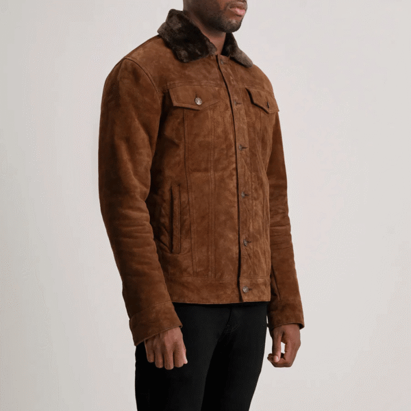 Dallis Brown Suede Shearling Trucker Jacket made from real goatskin leather with faux fur lining
