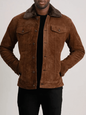 Dallis Brown Suede Shearling Trucker Jacket made from real goatskin leather with faux fur lining
