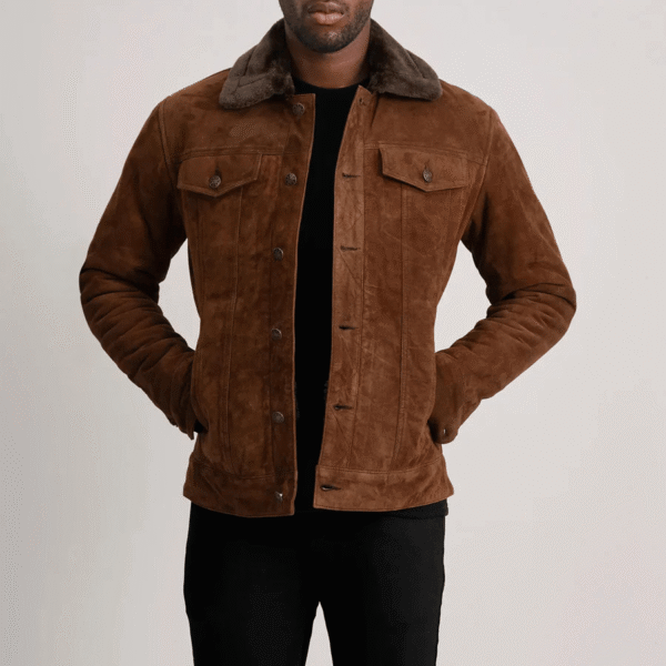 Dallis Brown Suede Shearling Trucker Jacket made from real goatskin leather with faux fur lining