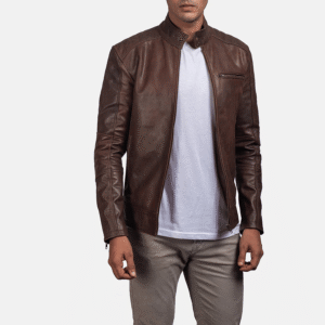 Dean Brown Leather Biker Jacket for Men – Front View with Zipper and Snap Collar