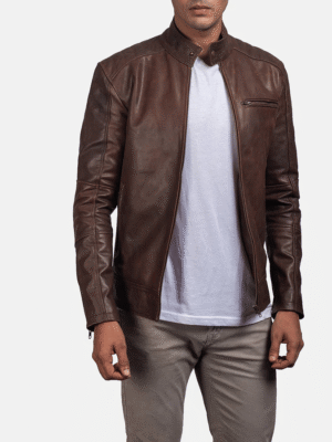 Dean Brown Leather Biker Jacket for Men – Front View with Zipper and Snap Collar