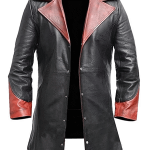 Devil May Cry 5 Dante leather coat in red and black with hooded lapel collar
