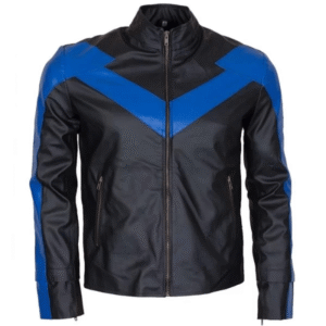 Nightwing leather jacket in black with zippered front and round collar