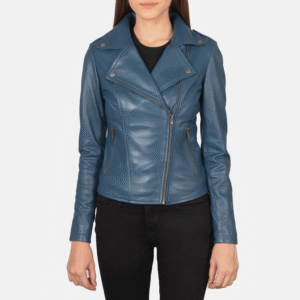 Blue Leather Biker Jacket for Women