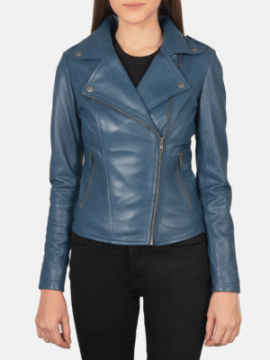 Blue Leather Biker Jacket for Women