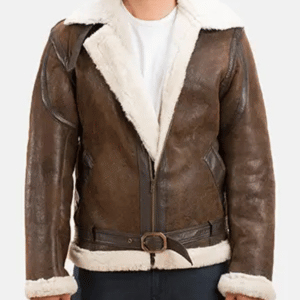 Forest Double Face Shearling Jacket in distressed brown sheepskin leather