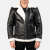 Francis B-3 Black and White Leather Bomber Jacket – Shearling Style Black and white leather bomber jacket with buckled collar, faux fur lining, and roll-back cuffs.