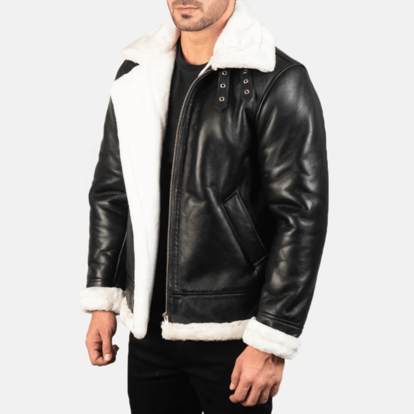 Francis B-3 Black and White Leather Bomber Jacket – Shearling Style - Image 2