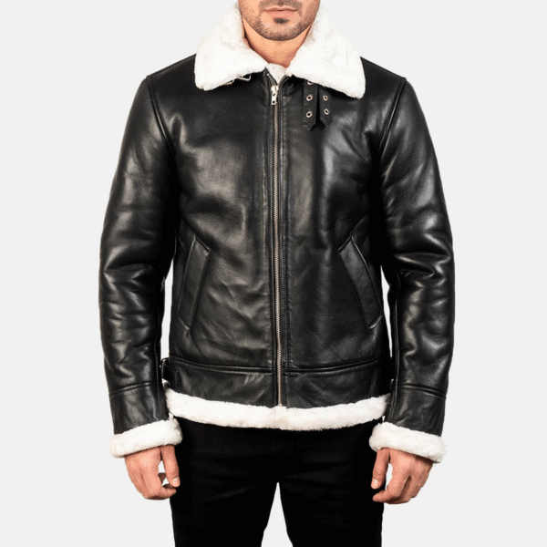 Francis B-3 Black and White Leather Bomber Jacket – Shearling Style - Image 3