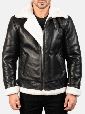 Black and white leather bomber jacket with buckled collar, faux fur lining, and roll-back cuffs.