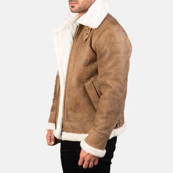 Francis B-3 Distressed Brown Leather Bomber Jacket with Faux Fur Lining - Image 2