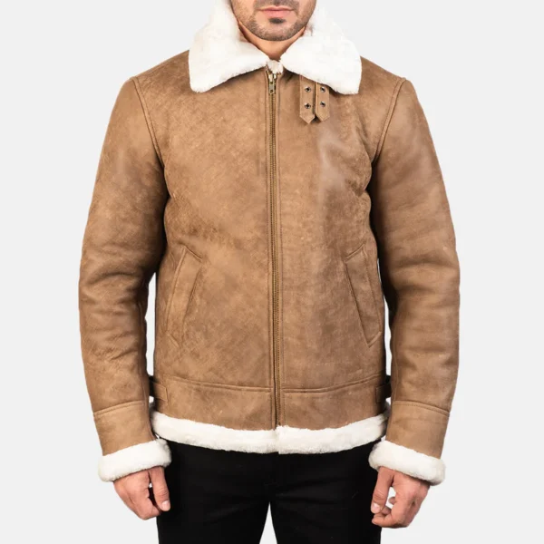Francis B-3 Distressed Brown Leather Bomber Jacket with Faux Fur Lining - Image 3