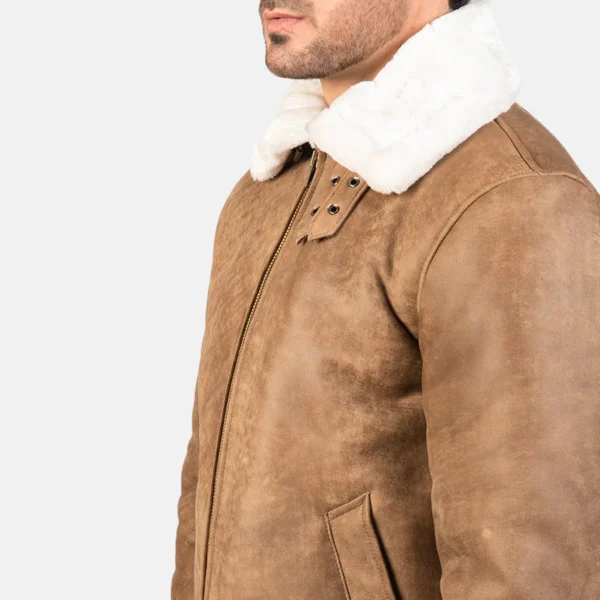 Francis B-3 Distressed Brown Leather Bomber Jacket with Faux Fur Lining - Image 5