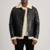 Francis B-3 Leather Bomber Jacket – Black & Cream Sheepskin Real Leather Francis B-3 leather bomber jacket front view in black and cream