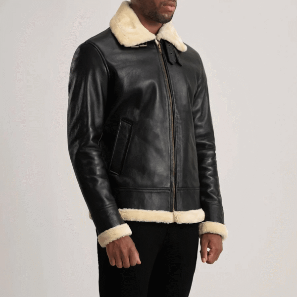 Francis B-3 Leather Bomber Jacket – Black & Cream Sheepskin Real Leather - Image 2