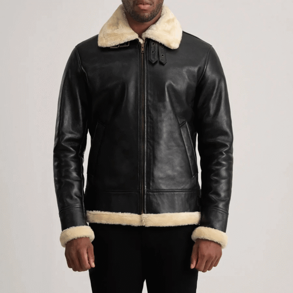 Francis B-3 Leather Bomber Jacket – Black & Cream Sheepskin Real Leather - Image 3