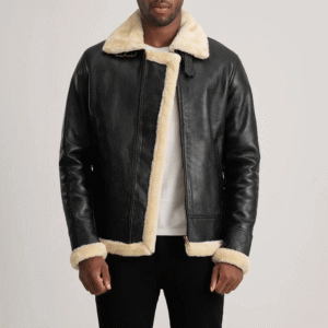 Francis B-3 leather bomber jacket front view in black and cream