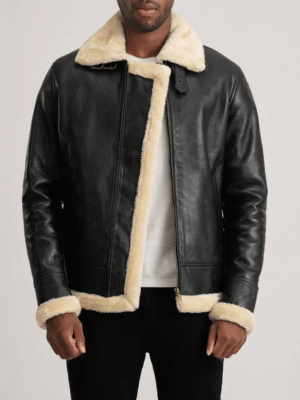 Francis B-3 leather bomber jacket front view in black and cream