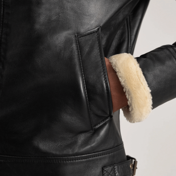 Francis B-3 Leather Bomber Jacket – Black & Cream Sheepskin Real Leather - Image 5