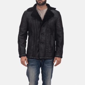 Front view of Furcliff double face shearling leather coat in black