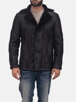 Front view of Furcliff double face shearling leather coat in black