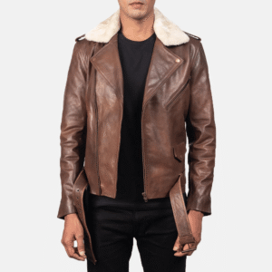 Furton brown leather biker jacket with removable fur collar – men’s real sheepskin