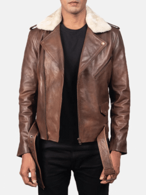 Furton brown leather biker jacket with removable fur collar – men’s real sheepskin