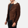 Mocha suede biker jacket with notch collar, removable fur, and waist belt