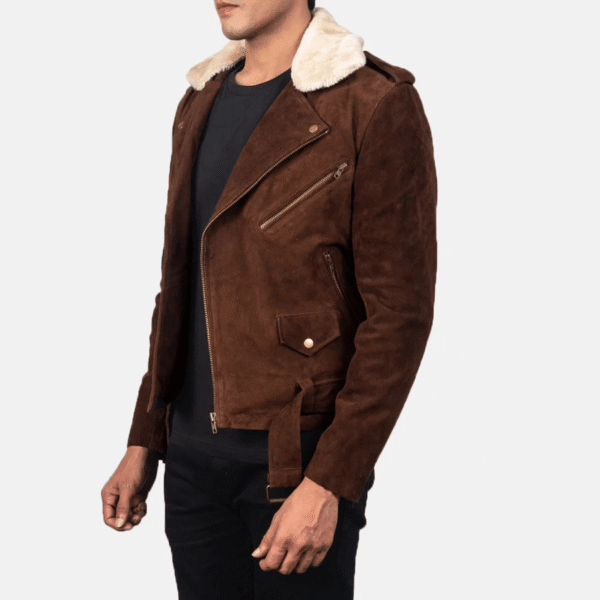 Mocha suede biker jacket with notch collar, removable fur, and waist belt