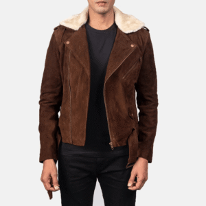Mocha suede biker jacket with notch collar, removable fur, and waist belt