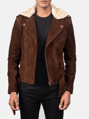 Mocha suede biker jacket with notch collar, removable fur, and waist belt
