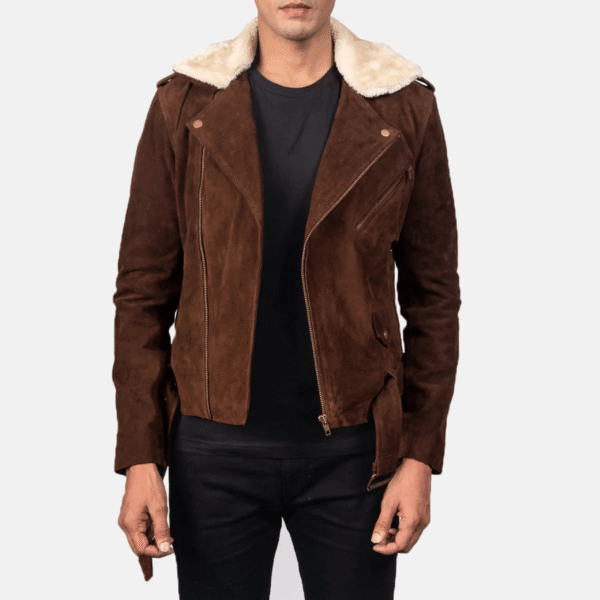 Mocha suede biker jacket with notch collar, removable fur, and waist belt