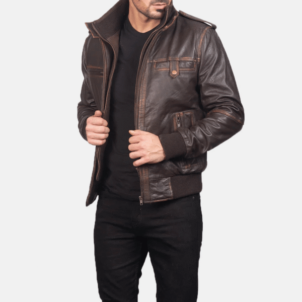 Glen Street Classic Brown Leather Bomber Jacket - Image 2