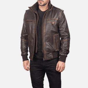 Glen Street Brown Leather Bomber Jacket with High Neck and Zip-Off Rib Front