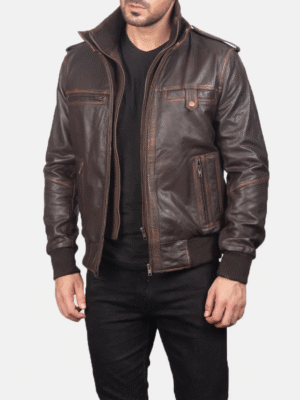 Glen Street Brown Leather Bomber Jacket with High Neck and Zip-Off Rib Front
