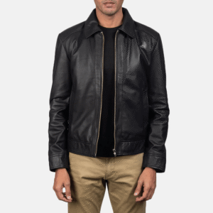 Inferno black leather jacket for men with shirt collar and zipper closure