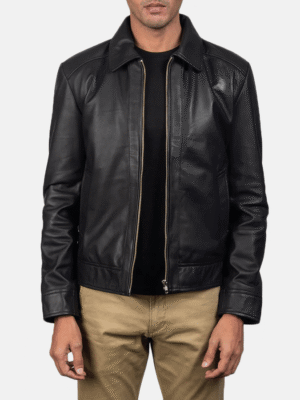 Inferno black leather jacket for men with shirt collar and zipper closure