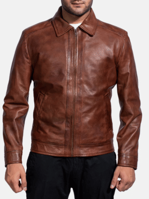 Men's Inferno Brown Leather Jacket made from real sheepskin leather with distressed finish