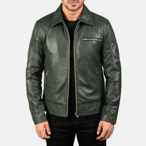 Lavendard green leather biker jacket with shirt collar and zipper closure