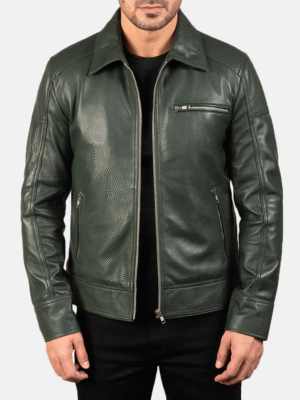 Lavendard green leather biker jacket with shirt collar and zipper closure
