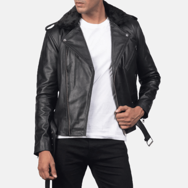 Men's Black Leather Biker Jacket - Image 2