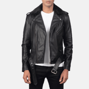 Men's black leather biker jacket with fur collar and zipper closure