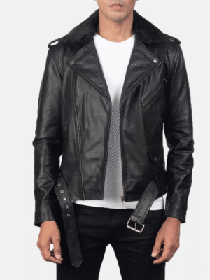 Men's black leather biker jacket with fur collar and zipper closure