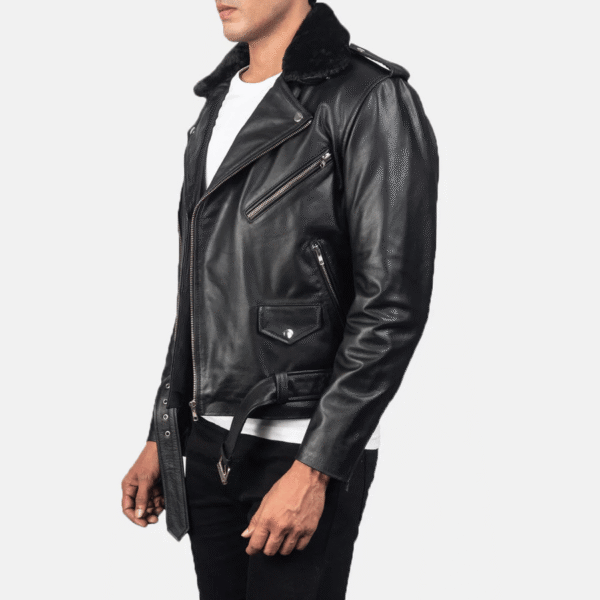 Men's Black Leather Biker Jacket - Image 3