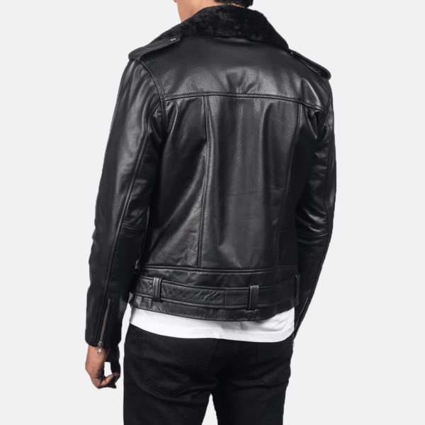Men's Black Leather Biker Jacket - Image 4
